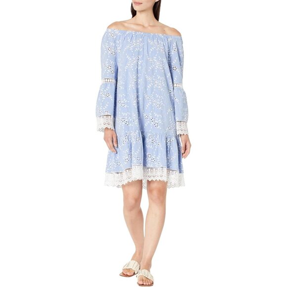 Karen Kane Dresses & Skirts - Karen Kane Eyelet Floral Off Shoulder Dress Blue White Lace Trim Large